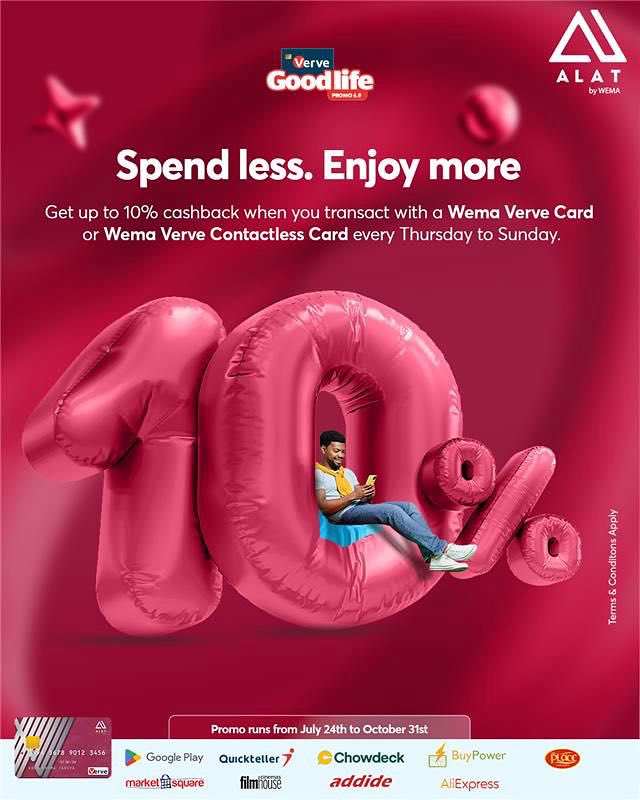 alat_ng's tweet image. Spend smart, enjoy more! 
Get up to 10% cashback with your Wema Verve Card every Thursday–Sunday.

#alatbywema #wemabank #wemaat80 #alat #verve