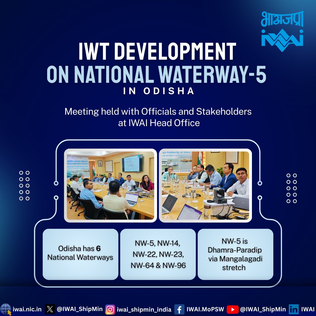 IWAI (@iwai_shipmin) on Twitter photo Chairman, IWAI, held a meeting with officials of #odishagovt & <a href="/MORTHIndia/">MORTHINDIA</a> to discuss development of National Waterway-5 in the state. NW-5 is the 332 km long Dhamra-Paradip stretch that traverses from Talcher to Mangalagadi in #Odisha .
#connectingindiathroughwaterways Chairman, IWAI, held a meeting with officials of #odishagovt & <a href="/MORTHIndia/">MORTHINDIA</a> to discuss development of National Waterway-5 in the state. NW-5 is the 332 km long Dhamra-Paradip stretch that traverses from Talcher to Mangalagadi in #Odisha .
#connectingindiathroughwaterways