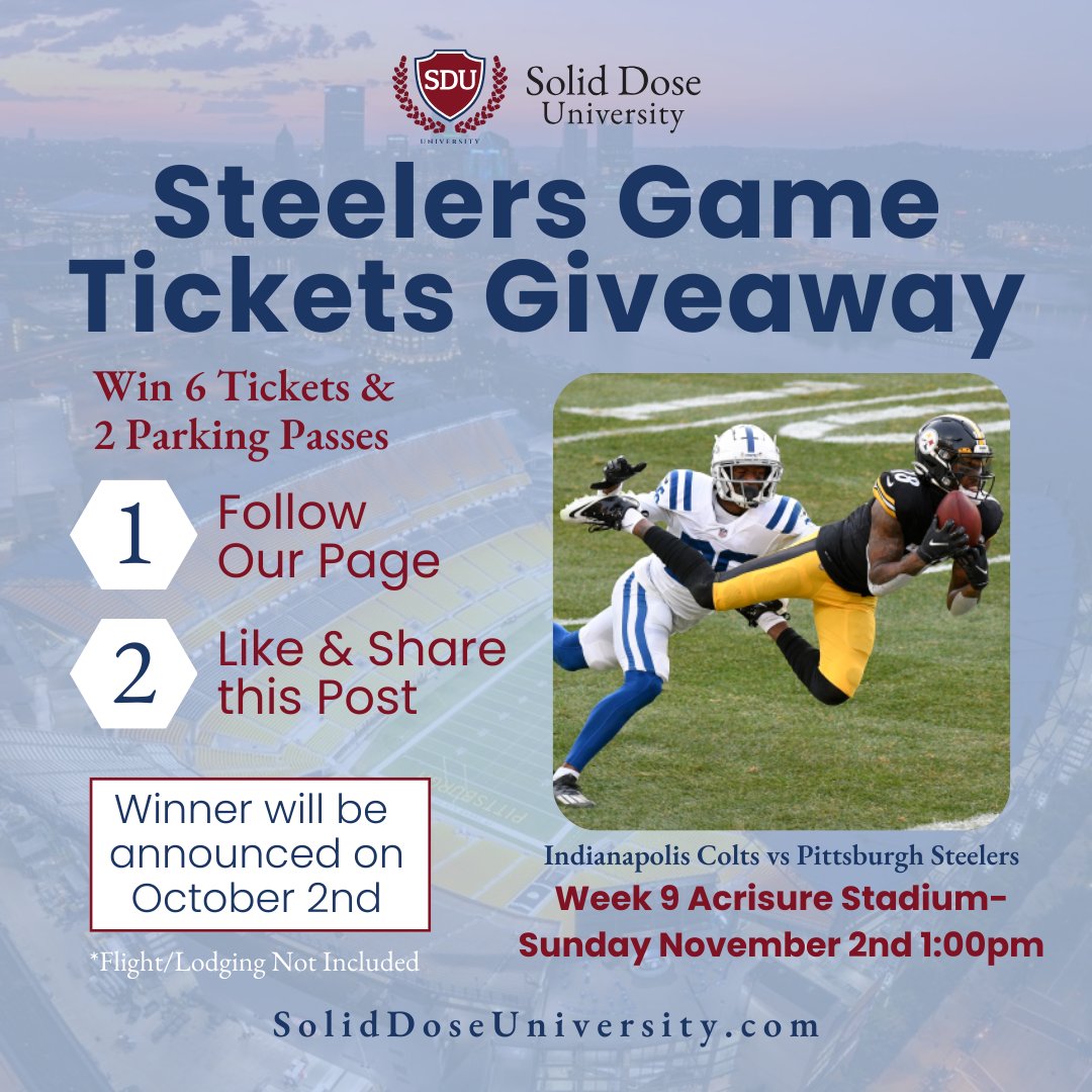 SolidDoseU's tweet photo. Win 6 tickets for you and friends to go see the Indianapolis Colts vs Pittsburgh Steelers on November 2nd! Just follow us, like this post, and repost it for a shot at winning! The winner will be revealed on October 2nd. #Pittsburgh #Steelers #Indy #Colts #Giveaway #HereWeGo https://t.co/NJY498wzyH