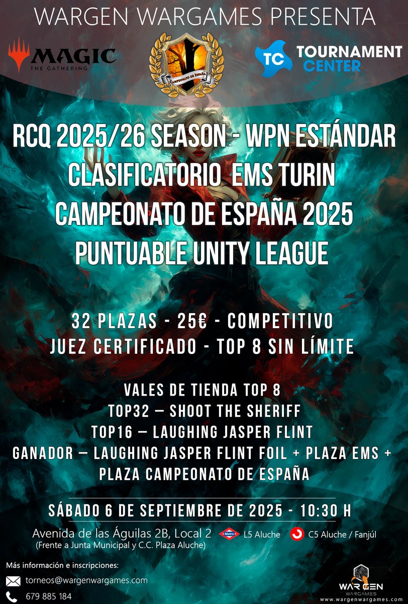 WarGenWargames's tweet photo. RCQ - WPN Qualifier Estándar + Clasificatorio Campeonato de España + Unity League - Sábado 6 de septiembre

Inscripciones
👇
https://t.co/jJ31hXqP4w

@PTQs_Spain
@wizards_magic 

#MagicTheGathering #rcqmagicRCQ https://t.co/X3Z0rZIDUH