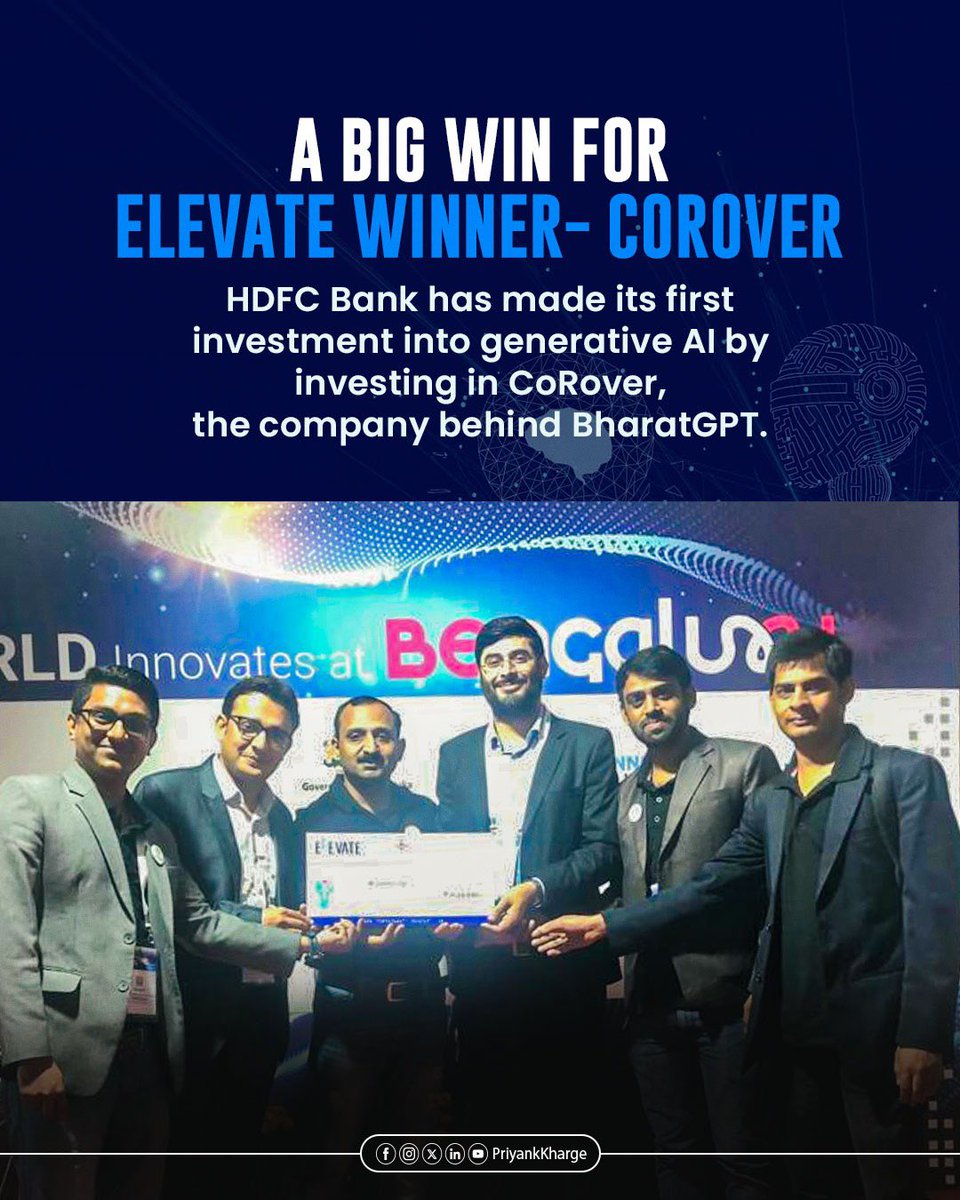 Priyank Kharge / ಪ್ರಿಯಾಂಕ್ ಖರ್ಗೆ (@priyankkharge) on Twitter photo CoRover (<a href="/CoRover_App/">CoRover - Human Centric Conversational AI Platform</a>), a winner of ELEVATE 2018 <a href="/ITBTGoK/">ITBT Karnataka</a>'s grant-in-aid program, has secured HDFC Bank's first investment in generative AI for their homegrown tech, BharatGPT. It is always a proud moment to see #KarnatakaStartups we backed early on achieve such success.
Our CoRover (<a href="/CoRover_App/">CoRover - Human Centric Conversational AI Platform</a>), a winner of ELEVATE 2018 <a href="/ITBTGoK/">ITBT Karnataka</a>'s grant-in-aid program, has secured HDFC Bank's first investment in generative AI for their homegrown tech, BharatGPT. It is always a proud moment to see #KarnatakaStartups we backed early on achieve such success.
Our
