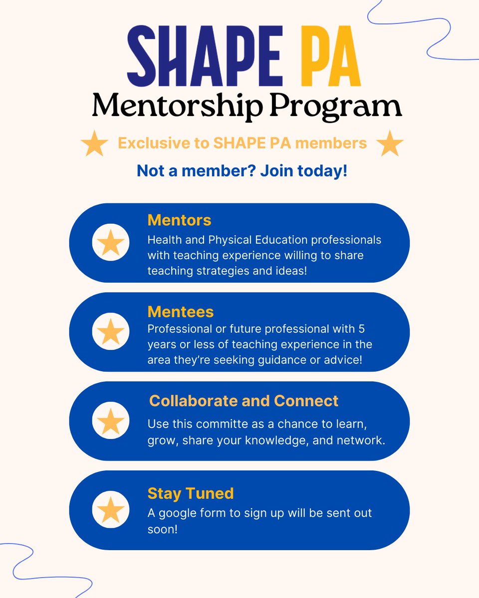 🌟 Exciting News from SHAPE PA! 🌟

We’re launching our Mentorship Program – exclusively for SHAPE PA members! 🙌

✨ Mentors – Share your teaching experience, strategies, and ideas.
✨ Mentees – Connect with a professional mentor to gain guidance and support (perfect for those