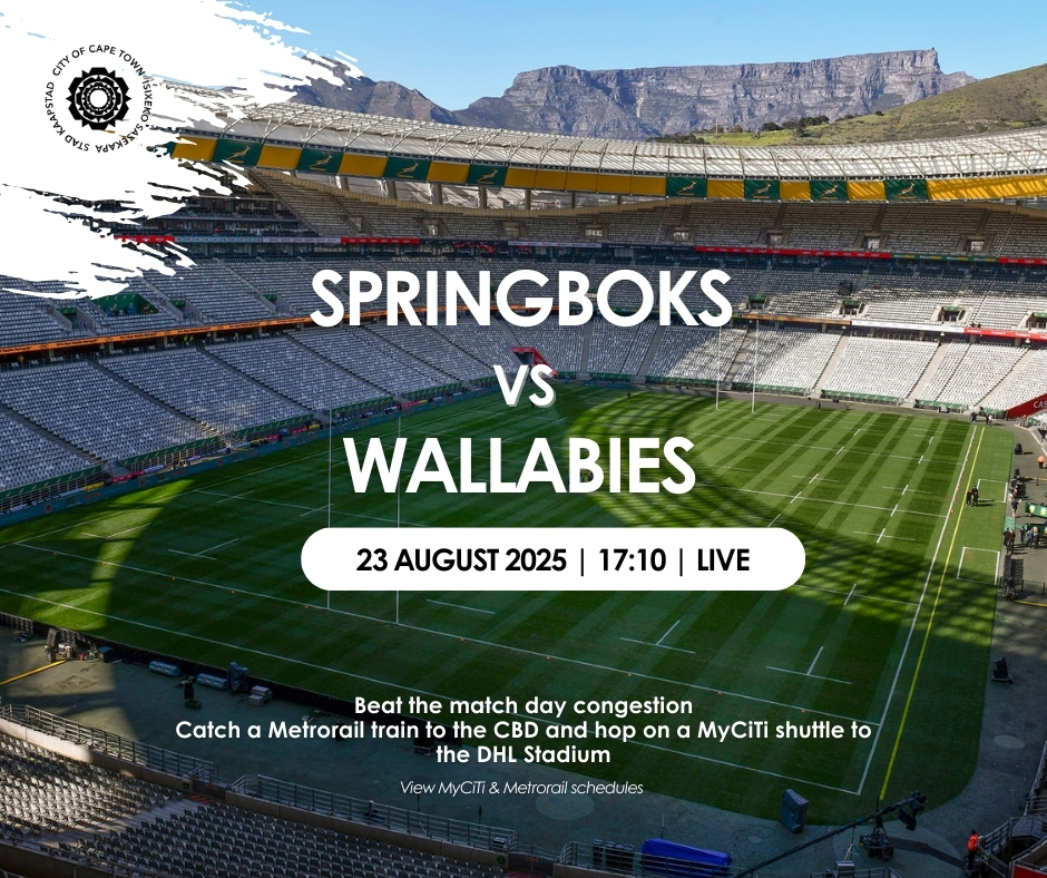 The countdown to game day is on - Springboks vs Wallabies!
 
Skip the traffic, ditch the parking hassle! Take the train and hop on a MyCiTi shuttle straight to the DHL Stadium. Easy, stress-free travel!

 View MyCiTi and Metrorail schedules.
 
#GameDay #UrbanMobilityCT