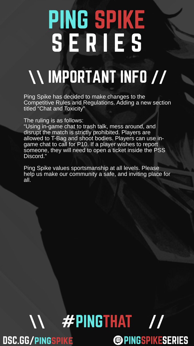 \\ RULE ADDITIONS //

Ping Spike has added 5.1-Chat and Toxicity.

Join our discord at dsc.gg/pingspike for more updates!

\\ <a href="/ValorCentral/">Valor Central</a> | <a href="/VALORANT/">VALORANT</a> | #PINGTHAT | #SPIKEDOWN //