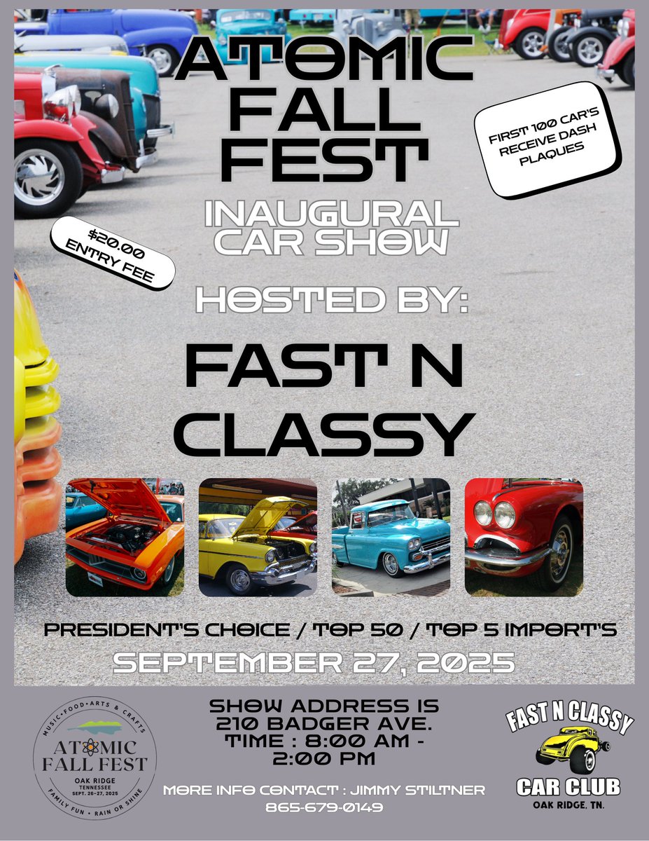 🚗 Atomic Fall Fest Car Show!
📅 Sat, Sept 27 | 8 AM–2 PM
📍 210 Badger Ave, Oak Ridge
🎟️ $20 entry (spectators free)
🏆 Pres. Choice • Top 50 • Top 5 Imports
🔥 First 100 cars get dash plaques!
#CarShow #AtomicFallFest #OakRidgeTN
