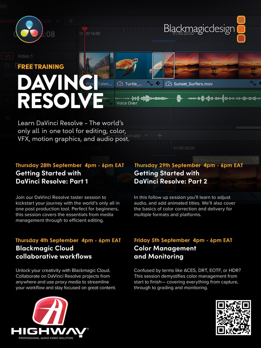kenyafilmcomm's tweet photo. Exciting opportunity for young creatives!

Blackmagic Design is offering a Free DaVinci Resolve Training, a hands-on program designed to equip participants with practical skills in professional video editing and color grading.
👉 Registration link: https://t.co/t9LeApo0Z4 https://t.co/gOqqorod7U