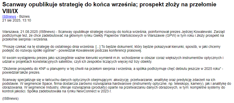 DaLe (@davel3098534103) on Twitter photo #scanway
🚀Scanway ma nadzieję na współpracę ze SpaceX lub firmami z jego otoczenia
🚀Scanway opublikuje strategię do końca września; prospekt złoży na przełomie VIII/IX
<a href="/tomek_pawlowski/">pawko</a> <a href="/PiotrZMog/">Piotrek Z</a> <a href="/kobietanagpw/">kobietana_gpw</a> <a href="/Lukasz_on_GPW/">Lukasz_on_GPW</a> <a href="/Anna62547761/">Anna</a> <a href="/Kaczoreklom/">Łuk Asz</a> #scanway
🚀Scanway ma nadzieję na współpracę ze SpaceX lub firmami z jego otoczenia
🚀Scanway opublikuje strategię do końca września; prospekt złoży na przełomie VIII/IX
<a href="/tomek_pawlowski/">pawko</a> <a href="/PiotrZMog/">Piotrek Z</a> <a href="/kobietanagpw/">kobietana_gpw</a> <a href="/Lukasz_on_GPW/">Lukasz_on_GPW</a> <a href="/Anna62547761/">Anna</a> <a href="/Kaczoreklom/">Łuk Asz</a>