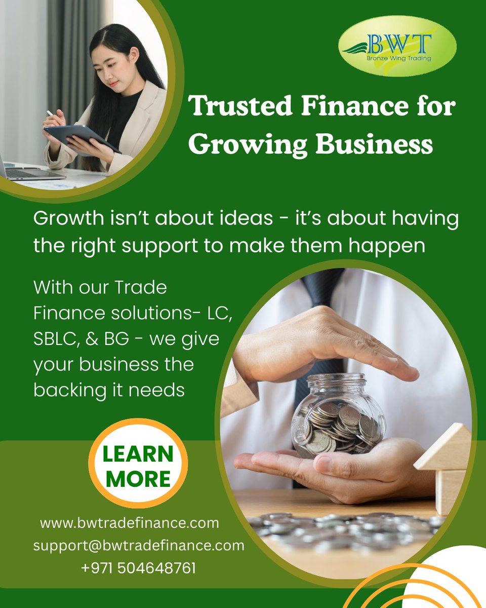 bwtradefinance's tweet photo. Whether you're closing your first deal or scaling globally, we're here to help you grow every step. We provide LC, SBLC, &amp; BG to give your business the backing it needs.

Website: https://t.co/aysf4yGHwD
Email: support@bwtradefinance.com
Call/WhatsApp/Botim: +971 504648761 https://t.co/EbKceWOoFO
