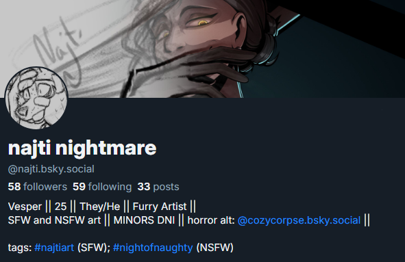 NajtiNightmare's tweet photo. hey, i'm no longer active here
i pop over every couple of months but that's it
i'm available on bsky fulltime now, as najti and cozycorpse https://t.co/9LvV6yAYJn