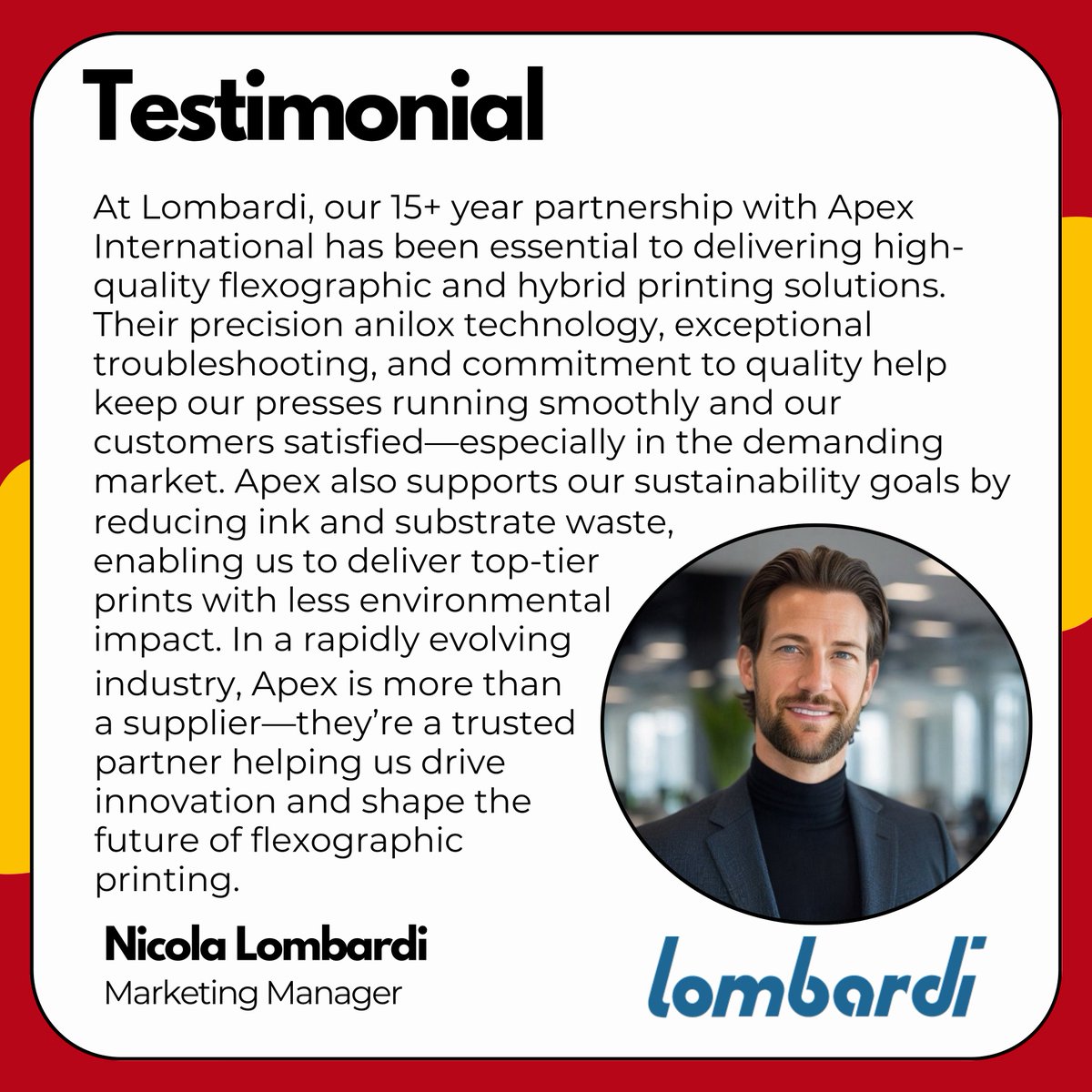 🤝 15+ Years of Partnership
We’re proud to be a trusted partner of Lombardi, supporting their commitment to delivering high-quality flexographic and hybrid printing solutions worldwide.

Thank you, Nicola, for your continued trust and collaboration!