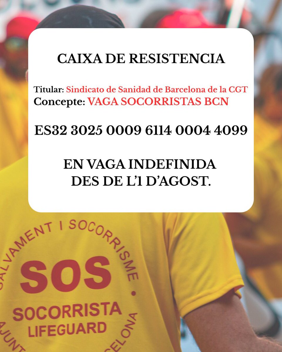 CGT BarcelonⒶ (@cgtbarcelona) on Twitter photo 🔴⚫️Aquest divendres 22 d’agost tothom amb la #vagaindefinida <a href="/socorristasbcn/">CGT Socorristas Barcelona 🏴</a> 🆘 🌊🏴
🕚 11:30 h → Concentració a la Pl Sant Jaume
🕝 14:30 h → Marxa des de Plç Sant Jaume fins a la Plaça del Mar
➡Després → Passeig Marítim fins BCASA (Bogatell).
#BarcelonaSOfega 🔴⚫️Aquest divendres 22 d’agost tothom amb la #vagaindefinida <a href="/socorristasbcn/">CGT Socorristas Barcelona 🏴</a> 🆘 🌊🏴
🕚 11:30 h → Concentració a la Pl Sant Jaume
🕝 14:30 h → Marxa des de Plç Sant Jaume fins a la Plaça del Mar
➡Després → Passeig Marítim fins BCASA (Bogatell).
#BarcelonaSOfega