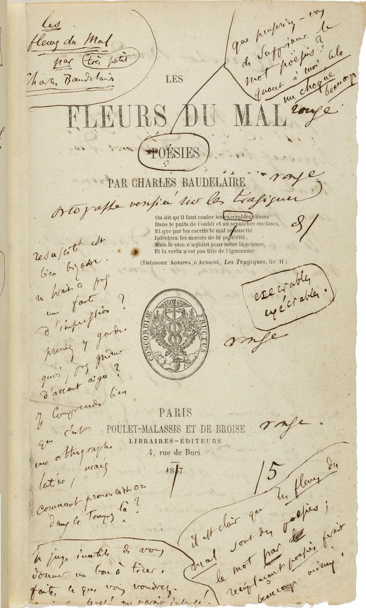 #Lerecueildepoesiedujour
21 août 1857, Baudelaire et ses éditeurs sont condamnés à des amendes pour outrage à la morale publique.

En cause, son recueil "Les Fleurs du mal", dont six poèmes, devront être supprimés.

La condamnation sera levée en... 1949 !
#culture #vivezinspirés
