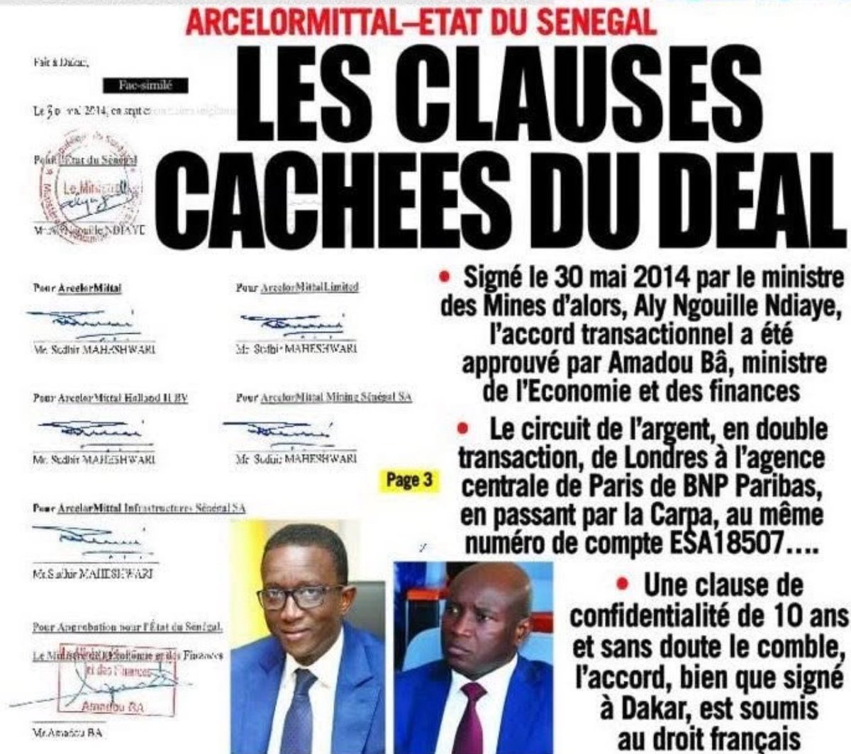 " Accord de confidentialité sur 10 ans" sur une indemnisation pour l état du Senegal. 

Aucun être n à détesté les Senegalais plus que Macky Sall et dès ses premiers jours à la tête du Pays.