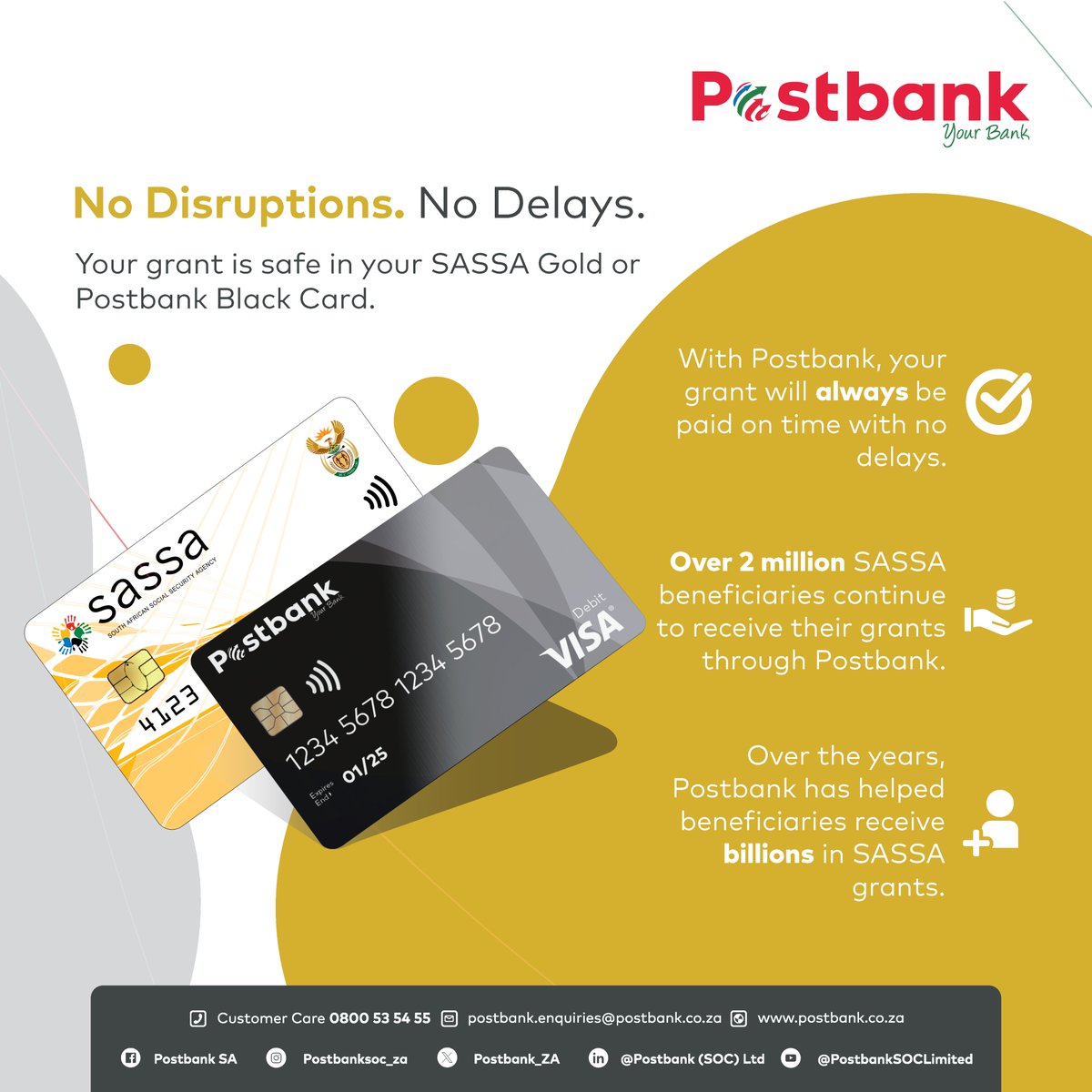 Postbank_ZA's tweet image. Whether you have a SASSA Gold or Postbank Black Card, you'll receive your grant on time. It's business as usual. #grants #sassagrants #guarantee
