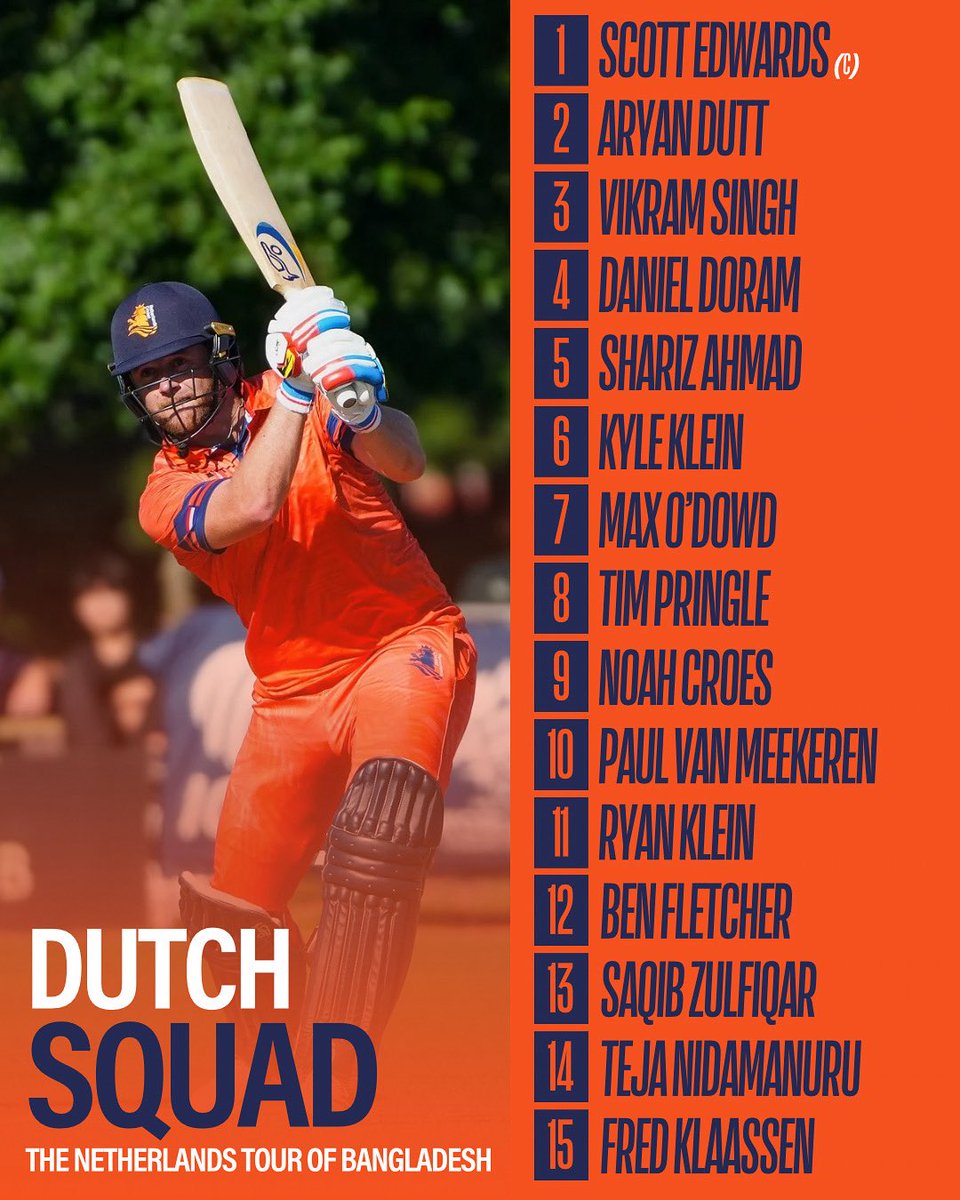 📋 Netherlands Squad Confirmed for Bangladesh Tour

A few fresh faces, some key outs — and plenty to break down.

🔁 In: Pringle, Singh, Fletcher, Klaassen, Shariz Ahmad
❌ Out: Overdijk, de Leede (injured), Levitt (injured), van der Merwe (unavailable), Lion-Cachet (injured)

🔎
