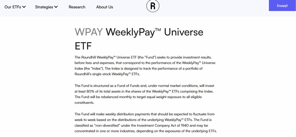 Nims_Adventures's tweet image. 🔥 $WPAY just hit Roundhill’s site — the ETF of ETFs bundling all WeeklyPay funds.

➡️ 1.2x leverage
➡️ Weekly cash flow 💵

Who’s buying on launch? 👀
 roundhillinvestments.com/etf/wpay/

#Dividends #WeeklyIncome #ETF #PassiveIncome