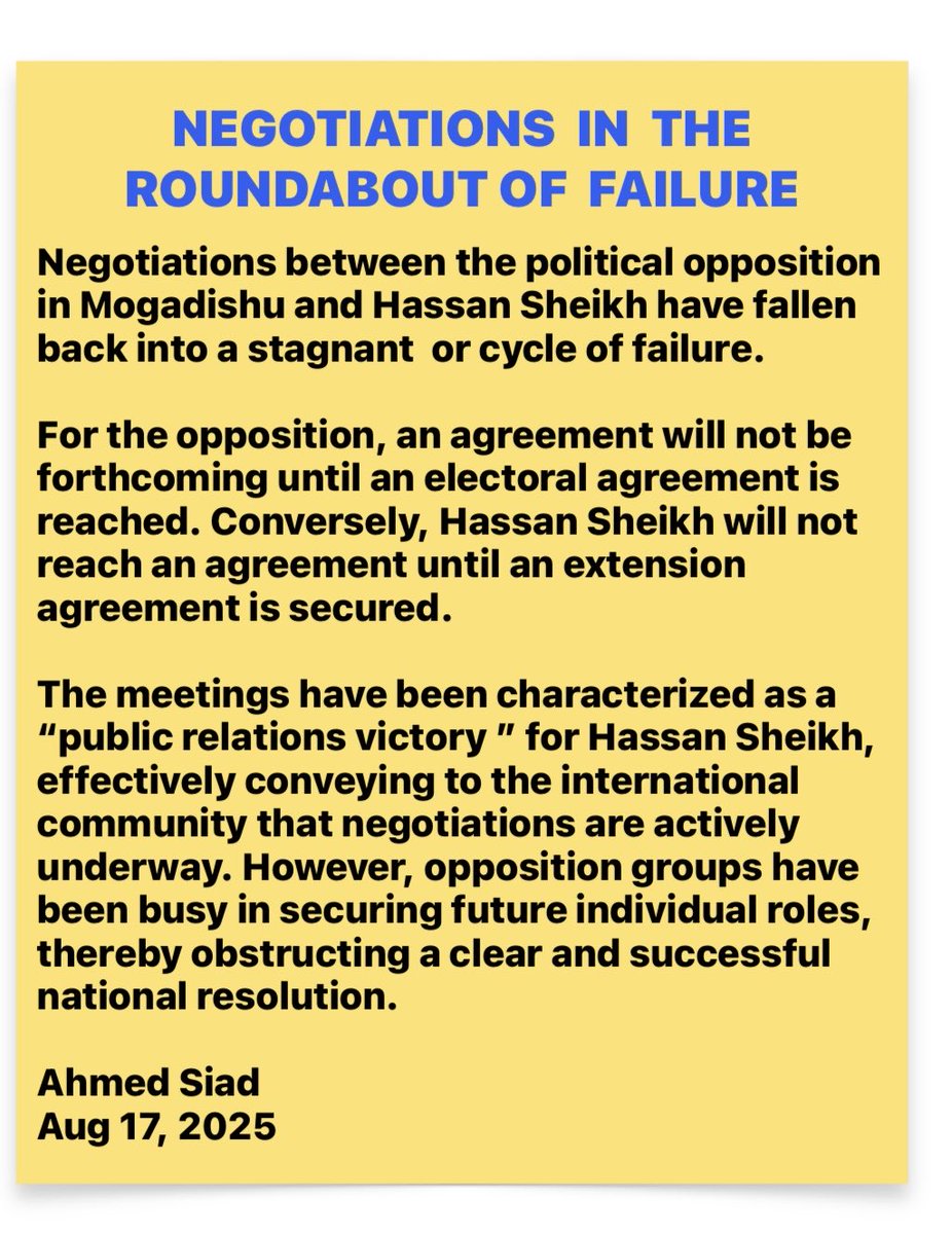 Ahmed Siad (@siad_a) on Twitter photo Negotiation failure <a href="/HassanSMohamud/">Hassan Sheikh Mohamud</a> <a href="/HESharifShAhmed/">Sharif Sheikh Ahmed</a> <a href="/HassanAKhaire/">Hassan Ali Khaire</a>
<a href="/faaraxsheekh/">Farah Sheikh Abdulkadir</a>
<a href="/AliOmarMP/">Ali Omar</a>
<a href="/UKinSomalia/">UK in Somalia🇬🇧🇸🇴</a> <a href="/US2SOMALIA/">U.S. Embassy Mogadishu, Somalia</a>
<a href="/EU_in_Somalia/">EU Delegation Somalia</a>
<a href="/UNSomalia/">UNSOM</a> <a href="/Abukar_Arman/">4DialogSk</a> <a href="/junlay99/">Junlay99</a> <a href="/AAbdishakur/">Abdirahman Abdishakur</a> <a href="/M_Farmaajo/">Mohamed Farmaajo</a> <a href="/MohamoudGaildon/">Mohamoud Gaildon</a> <a href="/MPDrAbib/">MP Dr Abdillahi Hashi Abib</a> <a href="/TC_MogadisuBE/">Türkiye in Somalia</a> <a href="/camalowfa/">Farah H A.Amalo</a> <a href="/abdisalamisma1/">Abdisalam Yusuf</a> <a href="/OsmanAli4/">Osman Ali</a> Negotiation failure <a href="/HassanSMohamud/">Hassan Sheikh Mohamud</a> <a href="/HESharifShAhmed/">Sharif Sheikh Ahmed</a> <a href="/HassanAKhaire/">Hassan Ali Khaire</a>
<a href="/faaraxsheekh/">Farah Sheikh Abdulkadir</a>
<a href="/AliOmarMP/">Ali Omar</a>
<a href="/UKinSomalia/">UK in Somalia🇬🇧🇸🇴</a> <a href="/US2SOMALIA/">U.S. Embassy Mogadishu, Somalia</a>
<a href="/EU_in_Somalia/">EU Delegation Somalia</a>
<a href="/UNSomalia/">UNSOM</a> <a href="/Abukar_Arman/">4DialogSk</a> <a href="/junlay99/">Junlay99</a> <a href="/AAbdishakur/">Abdirahman Abdishakur</a> <a href="/M_Farmaajo/">Mohamed Farmaajo</a> <a href="/MohamoudGaildon/">Mohamoud Gaildon</a> <a href="/MPDrAbib/">MP Dr Abdillahi Hashi Abib</a> <a href="/TC_MogadisuBE/">Türkiye in Somalia</a> <a href="/camalowfa/">Farah H A.Amalo</a> <a href="/abdisalamisma1/">Abdisalam Yusuf</a> <a href="/OsmanAli4/">Osman Ali</a>