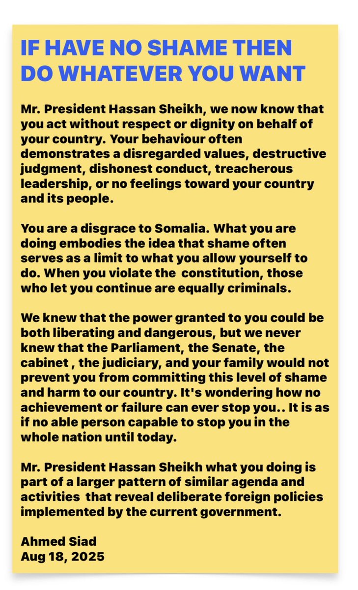 Ahmed Siad (@siad_a) on Twitter photo If no shame do it <a href="/HassanSMohamud/">Hassan Sheikh Mohamud</a> <a href="/HESharifShAhmed/">Sharif Sheikh Ahmed</a> <a href="/HassanAKhaire/">Hassan Ali Khaire</a>
<a href="/faaraxsheekh/">Farah Sheikh Abdulkadir</a>
<a href="/AliOmarMP/">Ali Omar</a>
<a href="/UKinSomalia/">UK in Somalia🇬🇧🇸🇴</a> <a href="/US2SOMALIA/">U.S. Embassy Mogadishu, Somalia</a>
<a href="/EU_in_Somalia/">EU Delegation Somalia</a>
<a href="/UNSomalia/">UNSOM</a> <a href="/Abukar_Arman/">4DialogSk</a> <a href="/junlay99/">Junlay99</a> <a href="/AAbdishakur/">Abdirahman Abdishakur</a> <a href="/M_Farmaajo/">Mohamed Farmaajo</a> <a href="/MohamoudGaildon/">Mohamoud Gaildon</a> <a href="/MPDrAbib/">MP Dr Abdillahi Hashi Abib</a> <a href="/TC_MogadisuBE/">Türkiye in Somalia</a> <a href="/camalowfa/">Farah H A.Amalo</a> <a href="/abdisalamisma1/">Abdisalam Yusuf</a> <a href="/OsmanAli4/">Osman Ali</a> If no shame do it <a href="/HassanSMohamud/">Hassan Sheikh Mohamud</a> <a href="/HESharifShAhmed/">Sharif Sheikh Ahmed</a> <a href="/HassanAKhaire/">Hassan Ali Khaire</a>
<a href="/faaraxsheekh/">Farah Sheikh Abdulkadir</a>
<a href="/AliOmarMP/">Ali Omar</a>
<a href="/UKinSomalia/">UK in Somalia🇬🇧🇸🇴</a> <a href="/US2SOMALIA/">U.S. Embassy Mogadishu, Somalia</a>
<a href="/EU_in_Somalia/">EU Delegation Somalia</a>
<a href="/UNSomalia/">UNSOM</a> <a href="/Abukar_Arman/">4DialogSk</a> <a href="/junlay99/">Junlay99</a> <a href="/AAbdishakur/">Abdirahman Abdishakur</a> <a href="/M_Farmaajo/">Mohamed Farmaajo</a> <a href="/MohamoudGaildon/">Mohamoud Gaildon</a> <a href="/MPDrAbib/">MP Dr Abdillahi Hashi Abib</a> <a href="/TC_MogadisuBE/">Türkiye in Somalia</a> <a href="/camalowfa/">Farah H A.Amalo</a> <a href="/abdisalamisma1/">Abdisalam Yusuf</a> <a href="/OsmanAli4/">Osman Ali</a>