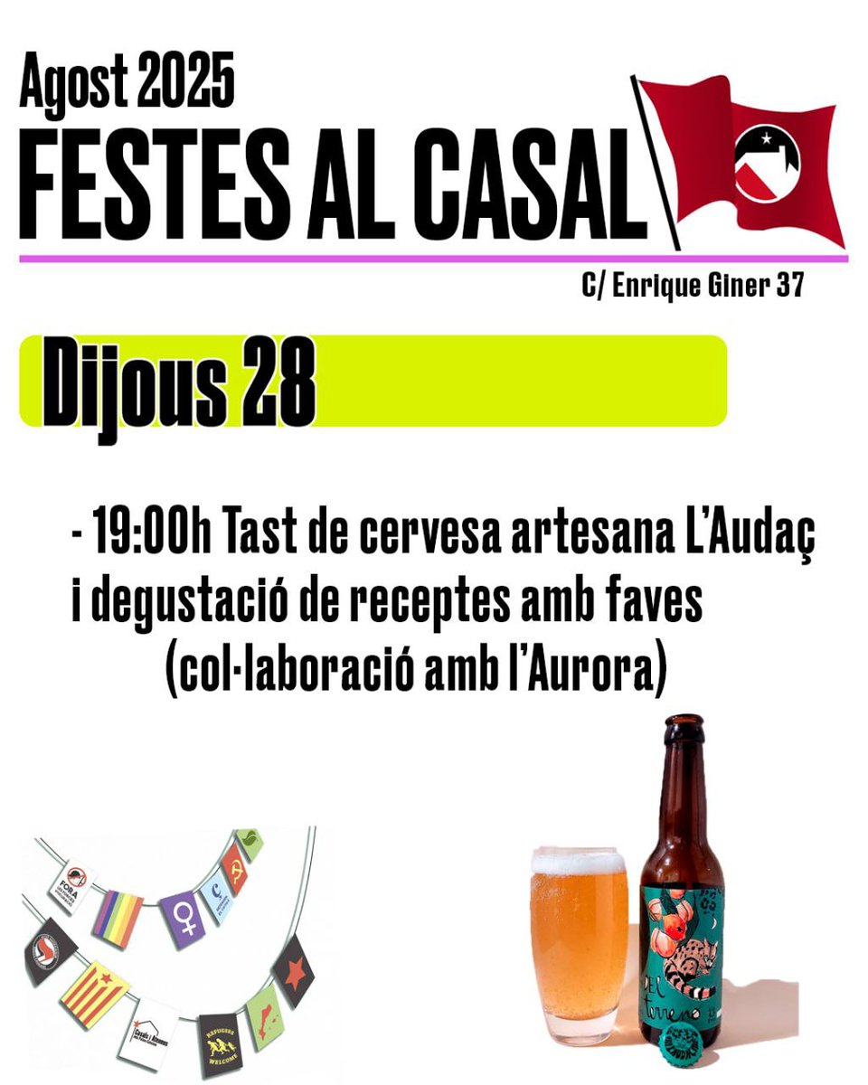 🍺 Dijous 28 repetirem el tast de cervesa artesanal de la cooperativa l'Audaç, i ho acompanyarem amb una degustació de faves en col·laboració amb <a href="/aurorasuport/">L'AURORA - Grup de Suport</a>.

VIU LES FESTES AL CASAL POPULAR DE NULES 
✊🏻🚩