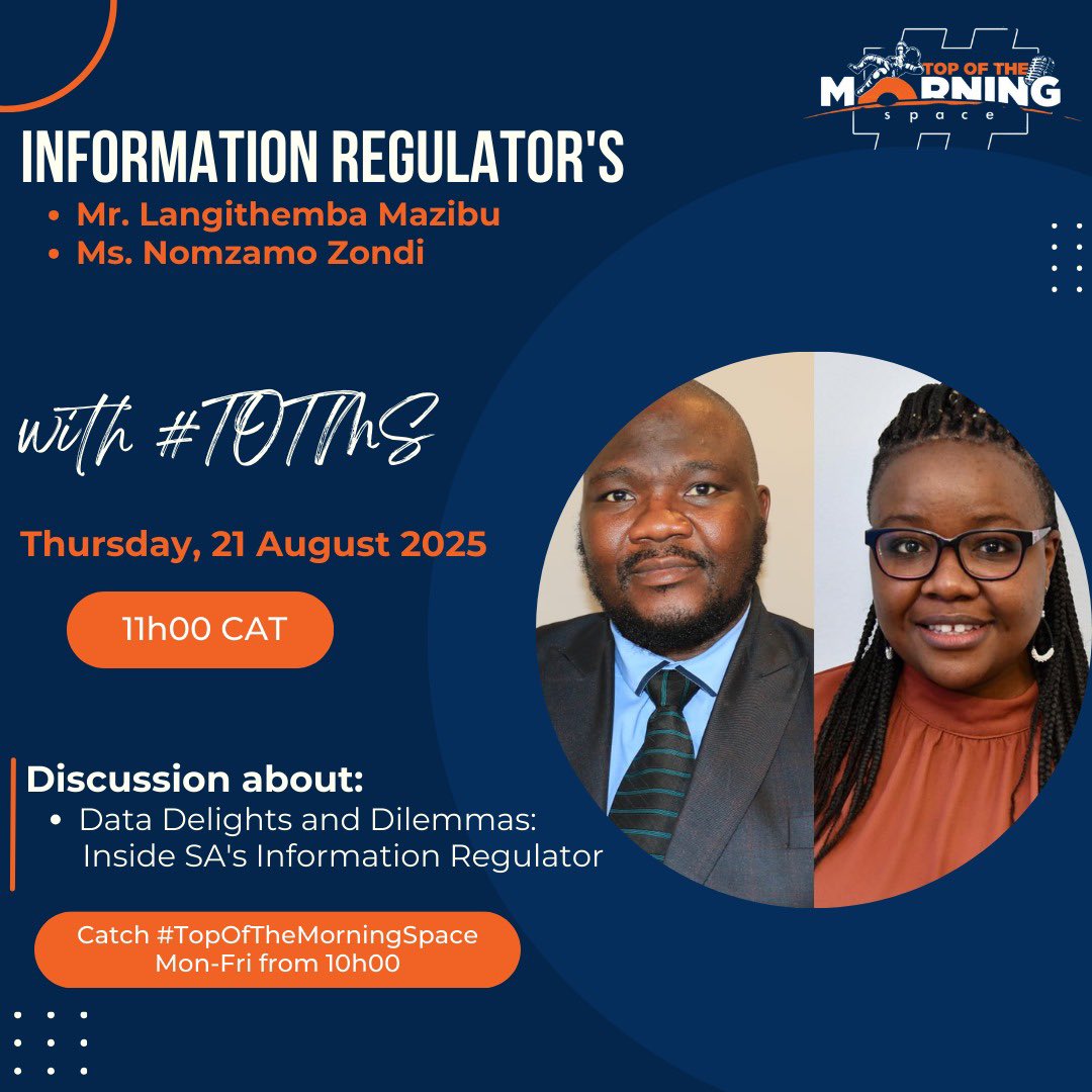 #TopOfTheMorningSpace🥯☕ (@totms_sa) on Twitter photo How is the <a href="/InforegulatorSA/">Information Regulator SA</a> ensuring effective implementation of POPIA and what challenges have you faced?
Join us at 11h00 to learn more.
#DataProtection
#DataRegulation How is the <a href="/InforegulatorSA/">Information Regulator SA</a> ensuring effective implementation of POPIA and what challenges have you faced?
Join us at 11h00 to learn more.
#DataProtection
#DataRegulation
