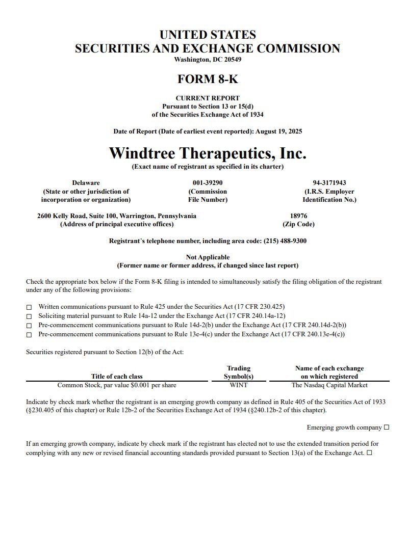 🥔CRIPTOVALUTE : Windtree Therapeutics esclusa dal Nasdaq: azioni crollano a $0.11 e trasferimento nei mercati OTC