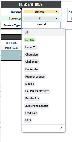 s_probabilities's tweet photo. 🔥 Essence Craft Helper Update 🔥

What’s new?

Not just All Star anymore → now also pulling data from U23, Champions & MLS pools 💥
That means way more players are being considered overall.

Added Essence filter → choose your essence type (e.g. Premier League) and see only the players that match it.
Each player now shows from which pool the info comes from (All Star / U23 / Champion / MLS).

Filter for the following essence types are available:
Neutral, Under 23, Champion, Challenger, Contender, Premier League, Ligue 1, LALIGA EA SPORTS, Bundesliga, Jupiler Pro League, Eredivisie and MLS.

More data. More control. Smarter crafting. 🚀