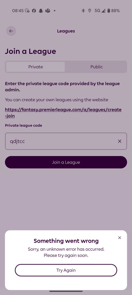 markyDhughes's tweet photo. @RestIsFootball @OfficialFPL @GaryLineker @alanshearer @MicahRichards Anyone else having issues joining the league? https://t.co/Fotxzkc0C2