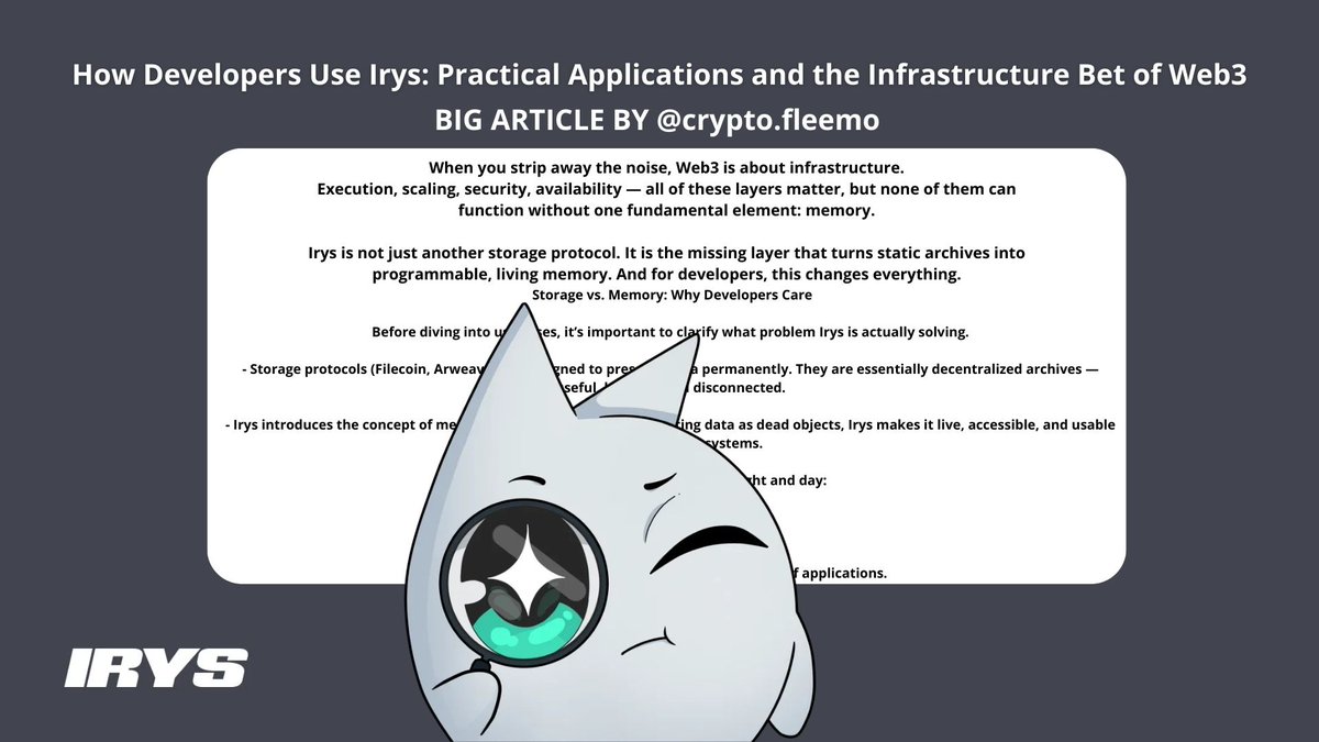 cryptofleemo's tweet photo. How Developers Use Irys: Practical Applications and the Infrastructure Bet of Web3

When you strip away the noise, Web3 is about infrastructure.
Execution, scaling, security, availability — all of these layers matter, but none of them can function without one fundamental element: memory.

Irys is not just another storage protocol. It is the missing layer that turns static archives into programmable, living memory. And for developers, this changes everything.

Let’s break it down.

> Storage vs. Memory: Why Developers Care

Before diving into use cases, it’s important to clarify what problem Irys is actually solving.

- Storage protocols (Filecoin, Arweave) are designed to preserve data permanently. They are essentially decentralized archives — useful, but slow and disconnected.

- Irys introduces the concept of memory availability. Instead of treating data as dead objects, Irys makes it live, accessible, and usable inside modular ecosystems.

For developers, the difference is night and day:

Storage = cold history.
Memory = real-time context.

This shift is what enables entirely new categories of applications.

> Practical Use Cases for Developers

a) NFTs and Digital Assets

NFTs today are broken. Most “decentralized” NFTs rely on IPFS links or centralized servers. Once that link breaks, the NFT becomes worthless.
With Irys, the metadata and media can live as permanent, verifiable memory. 

Developers can:

- Ensure immutability of assets.
- Provide instant access to metadata without relying on centralized APIs.
- Enable programmable NFTs where the memory layer itself updates context (dynamic art, evolving game assets, long-term collectibles).

In simple terms: NFTs stop being JPEGs with fragile links and become digital assets with resilient, on-chain memory.

b) Gaming and Interactive Worlds

Game developers constantly need fast, accessible data: character states, inventory, achievements, worlds. Traditional blockchains are too expensive for this, and storage layers are too slow.

Irys allows developers to:Irys allows developers to:

- Store real-time state data off execution layers but still verifiable.
- Make in-game items and progress persistent without depending on centralized servers.
- Build composable game economies, where assets move across games and ecosystems while keeping their full memory attached.

The result: a foundation for decentralized game worlds that feel alive and permanent.

c) DeFi and Financial Systems

DeFi apps generate massive volumes of data: positions, risk parameters, liquidations, oracle updates. Keeping all of this purely on L1 or L2 is costly and inefficient.

With Irys, developers can:

- Offload historical financial data into a permanent, verifiable memory layer.
- Provide real-time access to audit trails, ensuring transparency without compromising scalability.
- Enable new primitives like composable credit histories or persistent risk models that any protocol can plug into.

In other words: DeFi protocols stop being isolated black boxes and start sharing a collective memory layer.

d) Modular Blockchains and Rollups

This is where Irys becomes a game-changer. Celestia solved data availability, but it didn’t solve memory. Without memory, modular rollups are still incomplete — they can publish data, but they cannot ensure that the data is preserved, verifiable, and usable in the future.

Developers building rollups can:

- Anchor their execution data into Irys as long-term memory.
- Build trust-minimized bridges and cross-rollup apps with persistent data context.
- Achieve true decentralization, because without memory, modular blockchains remain dependent on centralized off-chain storage.

Irys completes the modular vision.

> Why This Matters for Developers

Every developer in Web3 faces the same set of questions:

- Where do I store my app’s critical data?
- How do I ensure it’s available 5 years from now?
- How do I avoid reliance on centralized servers?
- How do I integrate with other protocols seamlessly?

Storage projects answered part of this. But they stopped short of giving developers a tool they could actually build with. Irys closes the gap by making memory a first-class primitive.

For developers, this means:

- Lower friction.
- Higher reliability.
- Infinite composability.

> Investment Perspective: Why Funds Bet on Irys

The $8.9M round raised by Irys was not about chasing hype. It was about backing the missing layer of Web3 infrastructure.

Investors are not blind to the fact that:

- Storage projects have plateaued. Filecoin and Arweave are valuable, but they failed to become central to developer ecosystems.
- The biggest growth will come from infrastructure that directly empowers developers.
- Memory is a trillion-dollar opportunity. Every dApp, every chain, every protocol needs it.

By betting on Irys, funds are betting on the evolution of Web3 itself. Just as Ethereum’s developer ecosystem drove its dominance, Irys will become the backbone for the next generation of builders.

> Philosophy: Memory as the Heart of Decentralization

At a deeper level, Irys embodies the philosophy of Web3. Decentralization isn’t just about consensus. It’s about collective memory.

Without memory:

Protocols lose identity.
Applications lose continuity.
Communities lose history.

With Irys:

Data becomes alive.
Developers gain real tools.
Decentralization acquires permanence.

It’s not just infrastructure — it’s the nervous system of the decentralized web.

Conclusion

Irys is not another niche protocol. It is the infrastructure revolution that developers have been waiting for.

For NFTs, it makes assets permanent and dynamic.
For gaming, it brings worlds to life.
For DeFi, it creates transparent, composable financial systems.
For modular chains, it makes the vision complete.

Developers are already building with Irys, and investors have already placed their bets. The signal is clear: memory is the next frontier.

Those who understand Irys today will be the ones shaping Web3 tomorrow.