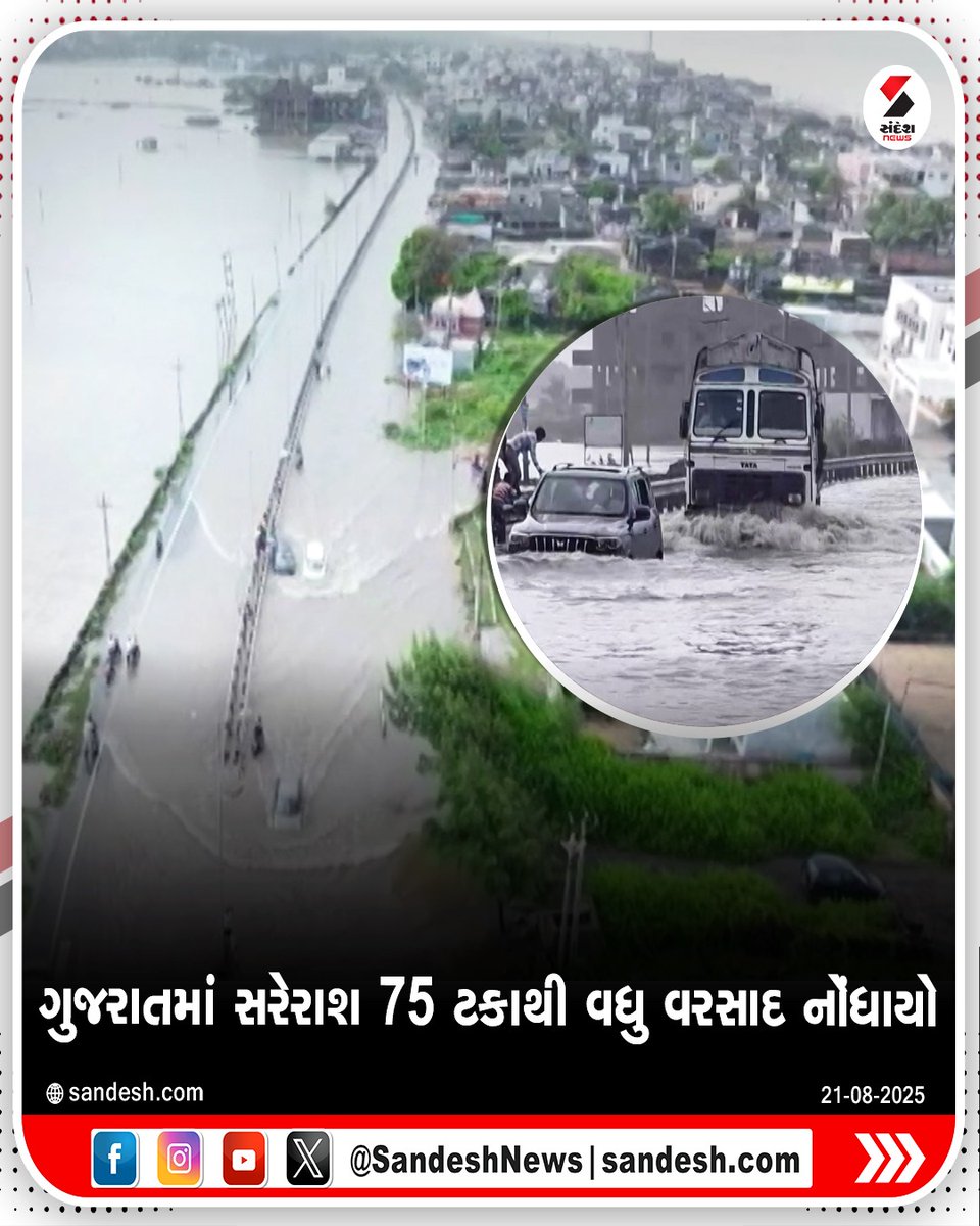 sandeshnews's tweet image. ગુજરાતમાં સરેરાશ 75 ટકાથી વધુ વરસાદ નોંધાયો

#GujaratRain #SardarSarovarDam #RainfallUpdate #Monsoon2025 #GujaratFloodAlert #SandeshNews