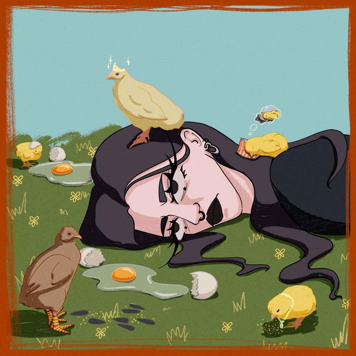 constantly tired 

Summer’s heavy sigh
Chicks scurry, one queen of her hair
Sleep cradles tiny breaths.