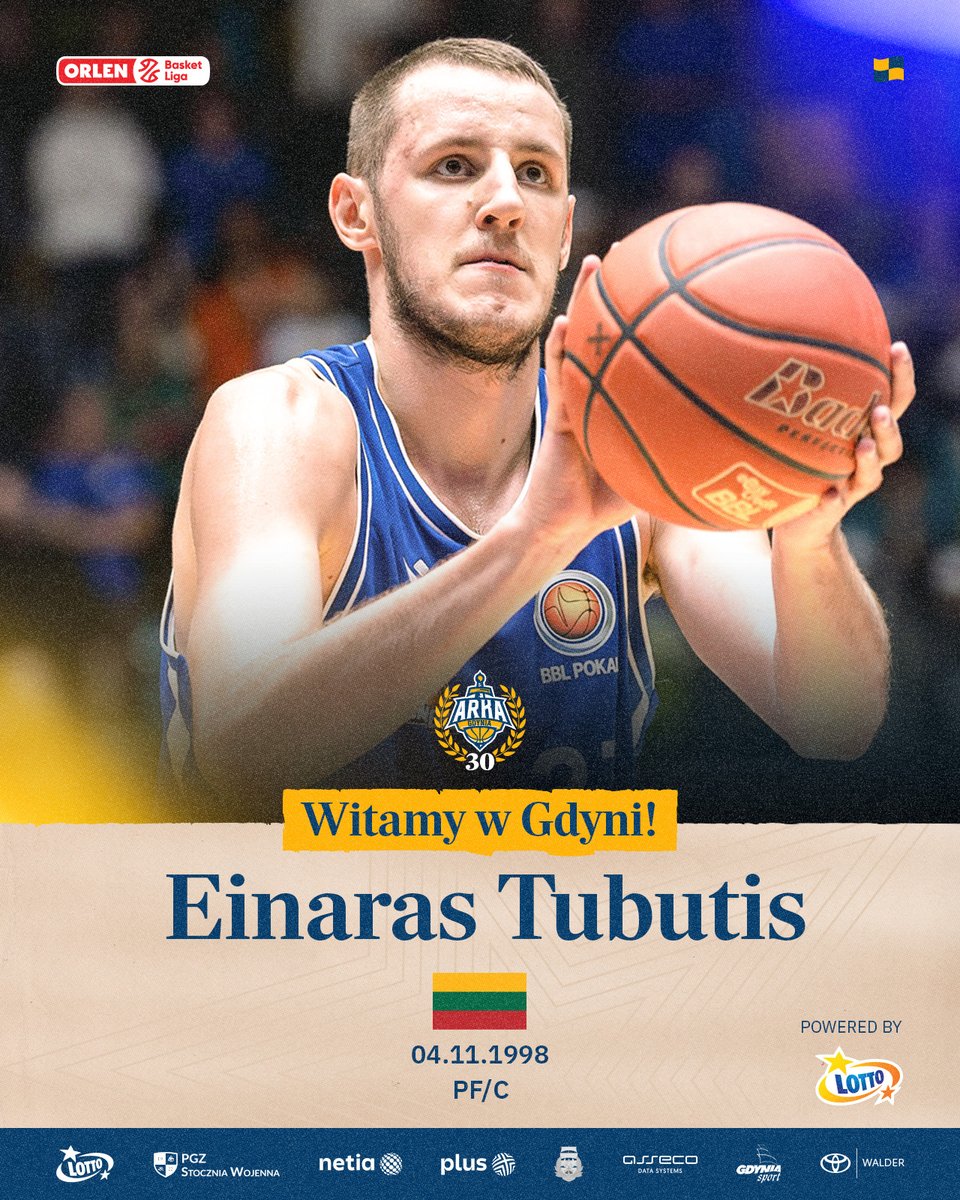 ✍🏻 𝐄𝐢𝐧𝐚𝐫𝐚𝐬 𝐓𝐮𝐛𝐮𝐭𝐢𝐬 nowym zawodnikiem AMW Arki Gdynia! 🟡🔵

🌊 Litewski zawodnik występujący na pozycjach „4/5” podpisał z naszym Klubem roczną umowę. Sveiki atvykę į Gdynę! 🤝🏻

🔗 Więcej informacji ➡️ bit.ly/TubutisArka
⭐️ Powered by LOTTO #plkpl