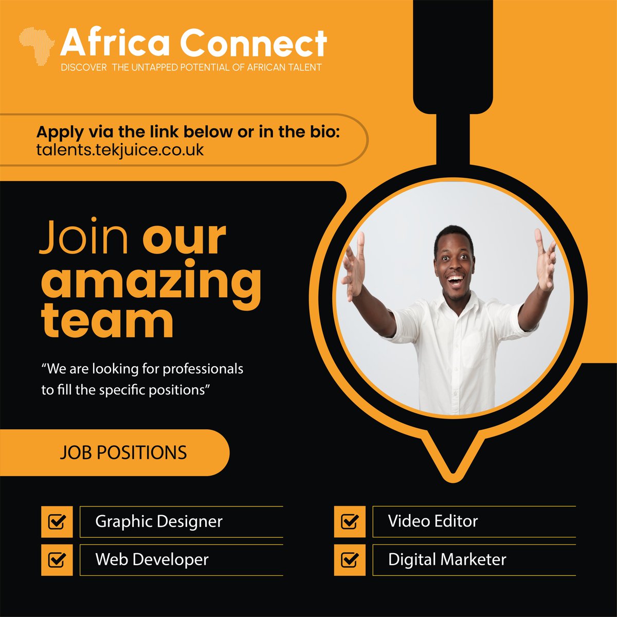 AfrikaConnect_'s tweet photo. Calling all creatives and techies! 

We’re on the hunt for talented video editors, graphic designers, digital marketers, and web developers. Show us what you’ve got. 

How to apply:
1. Visit https://t.co/10y0m9iaUF
2. Fill in all your details
3. Submit.

#hiring #hiringnow #jobs https://t.co/cU0Xybg2TY