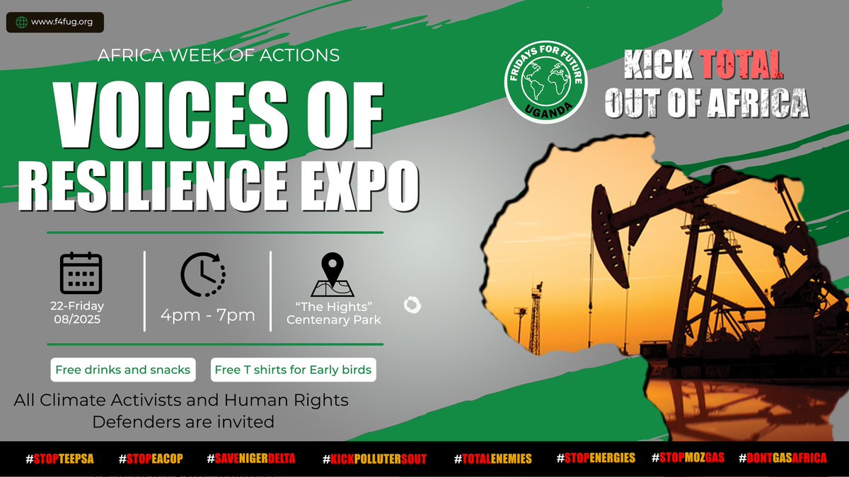 Fridays For Future Uganda (@fridays4futureu) on Twitter photo Happening Tomorrow! 🎉 Join us at the  VOICES OF RESILIENCE EXPO.
We are creating a space to share the raw experiences and stories of resilience from the affected communities.
📅 Friday 22nd August, 4pm-7pm
📍 Centenary Park, "The Hights"
🎤Let us #KickTotalOutOfAfrica and Happening Tomorrow! 🎉 Join us at the  VOICES OF RESILIENCE EXPO.
We are creating a space to share the raw experiences and stories of resilience from the affected communities.
📅 Friday 22nd August, 4pm-7pm
📍 Centenary Park, "The Hights"
🎤Let us #KickTotalOutOfAfrica and