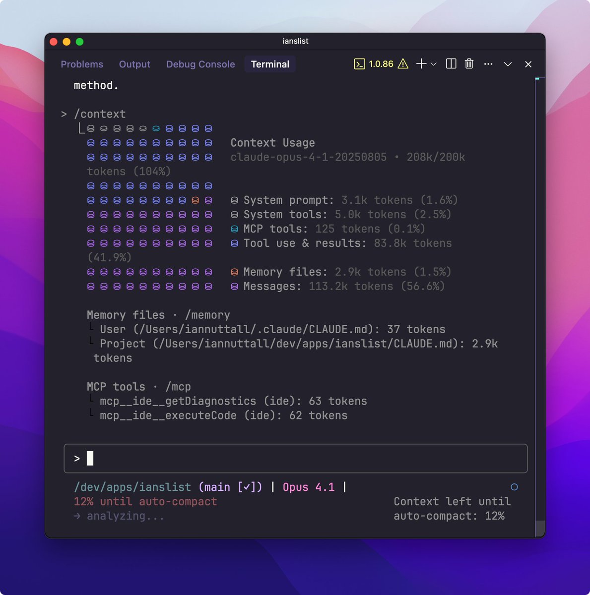 Claude Code 1.0.86 has a new /context command to visualize your context window and token usage

It doesn't seem to be accurate yet compared to the auto-compact notice, ccusage, or my status line, but it also shows MCP tool use and CLAUDE.⁠md memory files so could be v useful!