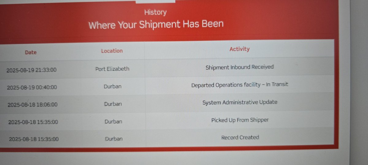 EarlMackay's tweet photo. @AramexSA why is my shipment which was supposed to be overnight from one big hub to another still lying in state at Gqeberha for 2 days for?

23000 1495 7797 8730 https://t.co/cI4Ccm8xEh