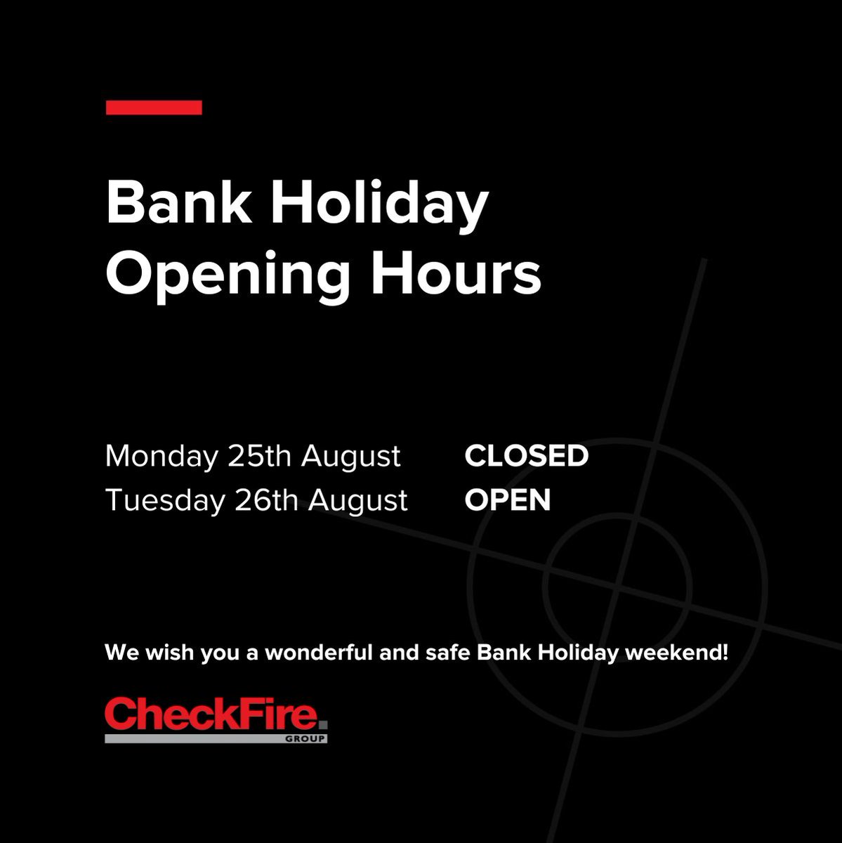 CheckFire Ltd (@checkfire_ltd) on Twitter photo Notice! 📢 We will be closed this Bank Holiday Monday, with the CheckFire Team returning on 26/08 for business as usual.
📞 029 2086 8333
📩 sales@checkfire.co.uk
🌐 checkfire.co.uk
Orders placed after 4:30pm today will be delivered from 26/08.
*UK Mainland Notice! 📢 We will be closed this Bank Holiday Monday, with the CheckFire Team returning on 26/08 for business as usual.
📞 029 2086 8333
📩 sales@checkfire.co.uk
🌐 checkfire.co.uk
Orders placed after 4:30pm today will be delivered from 26/08.
*UK Mainland