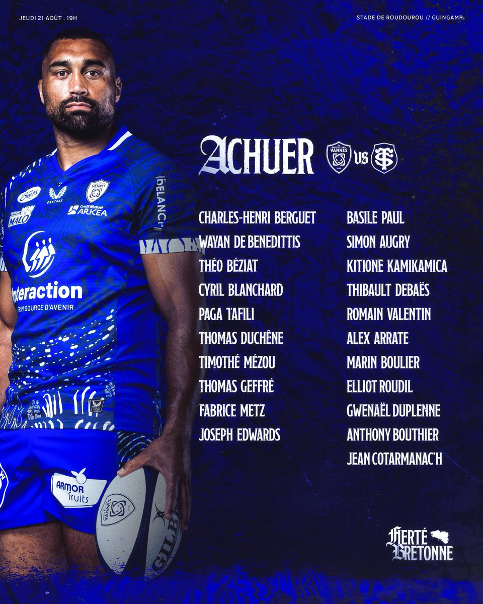 Voici le groupe vannetais pour affronter le Stade Toulousain, en préparation, aujourd’hui à Guingamp 🙌

Coup d’envoi à 19h au Stade de Roudourou 🏟️

#FiertéBretonne