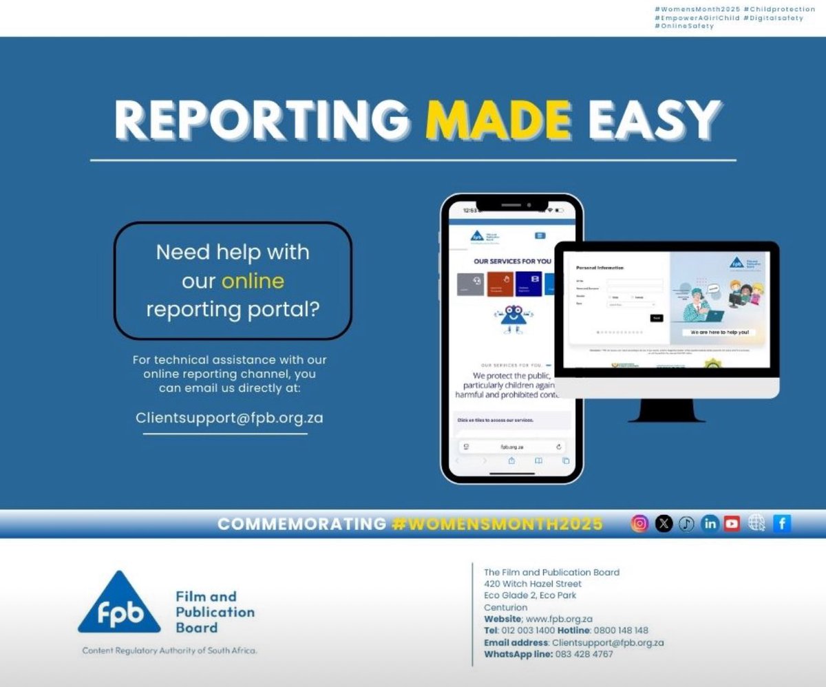 Film and Publication Board (@fpb_za) on Twitter photo If you are experiencing challenges lodging a complaint or reporting harmful content on our portal, do not worry, our team is just one email away!
Simply email us at clientsupport@fpb.org.za for technical assistance.
Your online safety matters!
#OnlineSafety #ChildProtection If you are experiencing challenges lodging a complaint or reporting harmful content on our portal, do not worry, our team is just one email away!
Simply email us at clientsupport@fpb.org.za for technical assistance.
Your online safety matters!
#OnlineSafety #ChildProtection