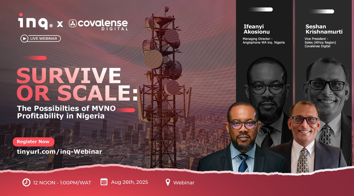 Is your #MVNO in #Nigeria built to survive or to scale?

Join our #webinar on August 26 at 12 PM WAT to find out. We'll discuss profitability, strategic approaches to market entry, and partnership models that drive success.

Register here: tinyurl.com/inq-Webinar

#TelecomNigeria