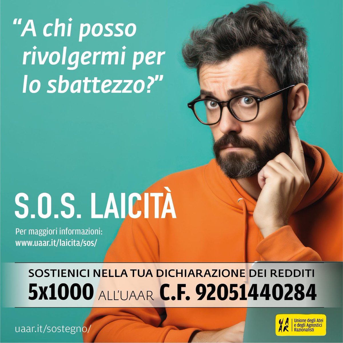 Il servizio "S.O.S. Laicità", gratuito e per tutti, fornisce supporto a tantissime persone in ambiti come la scuola o lo sbattezzo.👇
uaar.it/laicita/sos/ 
Sostieni l'Uaar con il 5x1000: indica il C.F. 92051440284 per un Paese più laico e civile. 👇
uaar.it/5x1000/