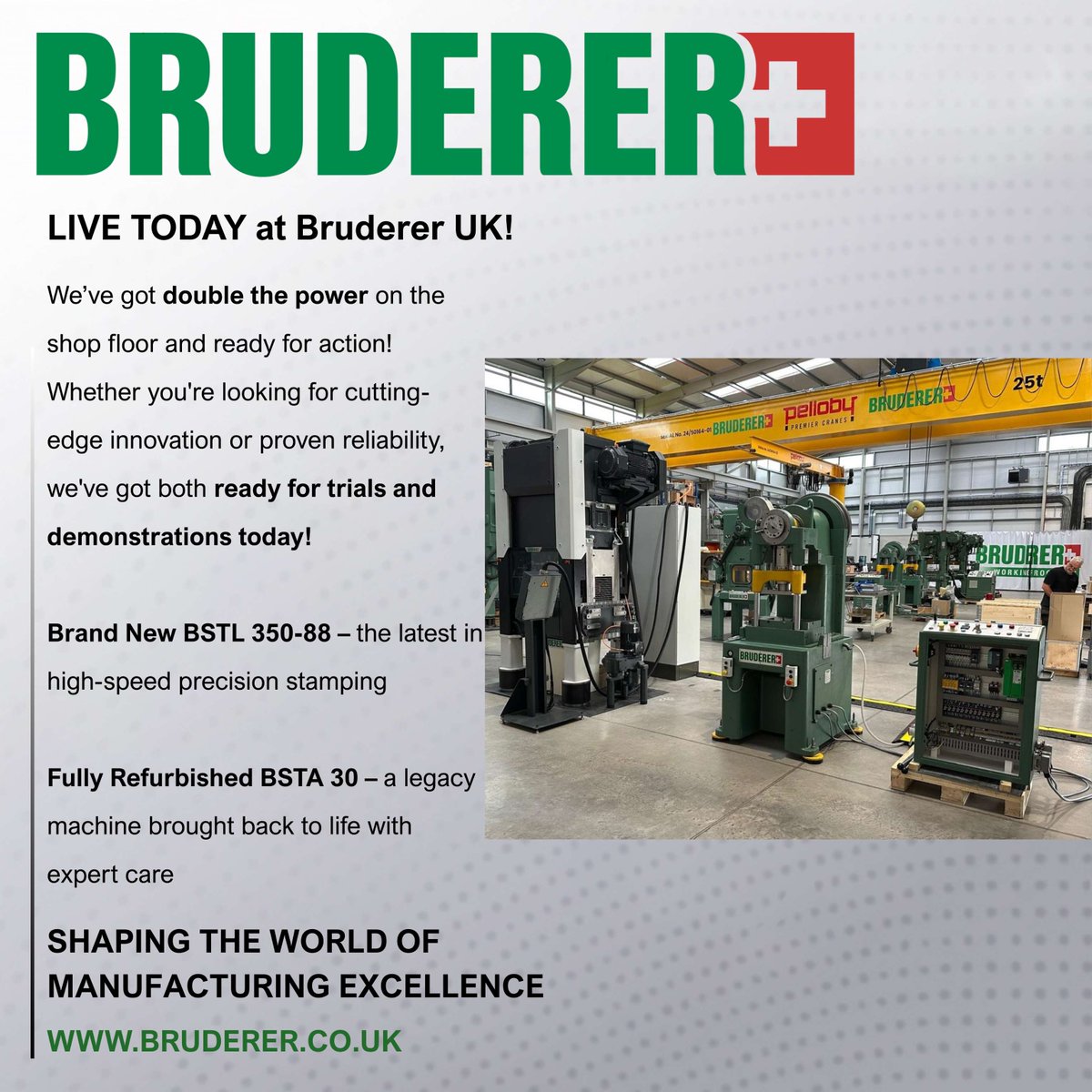 BrudererUK's tweet photo. 🔥 Two presses. One floor. Ready to roll.
👊 BSTL 350-88 (brand new)
🔧 BSTA 30 (fully refurbished)
📍 Live trials &amp; demos today at Bruderer UK!
#BrudererUK #PressPower #EngineeringExcellence #Manufacturing #ukmfg https://t.co/Dv667nUwI5
