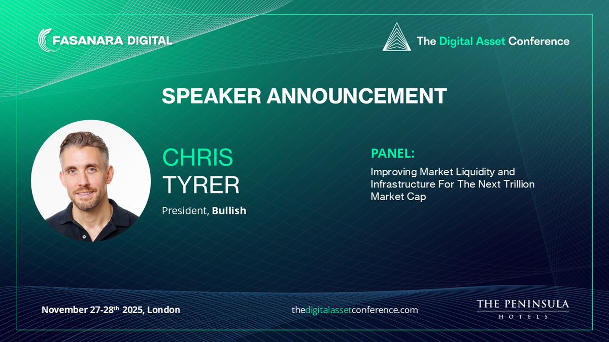 The Digital Asset Conference (@digitassetconf) on Twitter photo We’re pleased to welcome Chris Tyrer (<a href="/cjrtyrer/">chetsome</a>) President of <a href="/Bullish/">Bullish</a>, to this year’s TDAC speaker lineup. 
Last week, Bullish became the first digital asset exchange to list on the New York Stock Exchange. Trading under the ticker 'BLSH', shares rose over 80% on day one. We’re pleased to welcome Chris Tyrer (<a href="/cjrtyrer/">chetsome</a>) President of <a href="/Bullish/">Bullish</a>, to this year’s TDAC speaker lineup. 
Last week, Bullish became the first digital asset exchange to list on the New York Stock Exchange. Trading under the ticker 'BLSH', shares rose over 80% on day one.