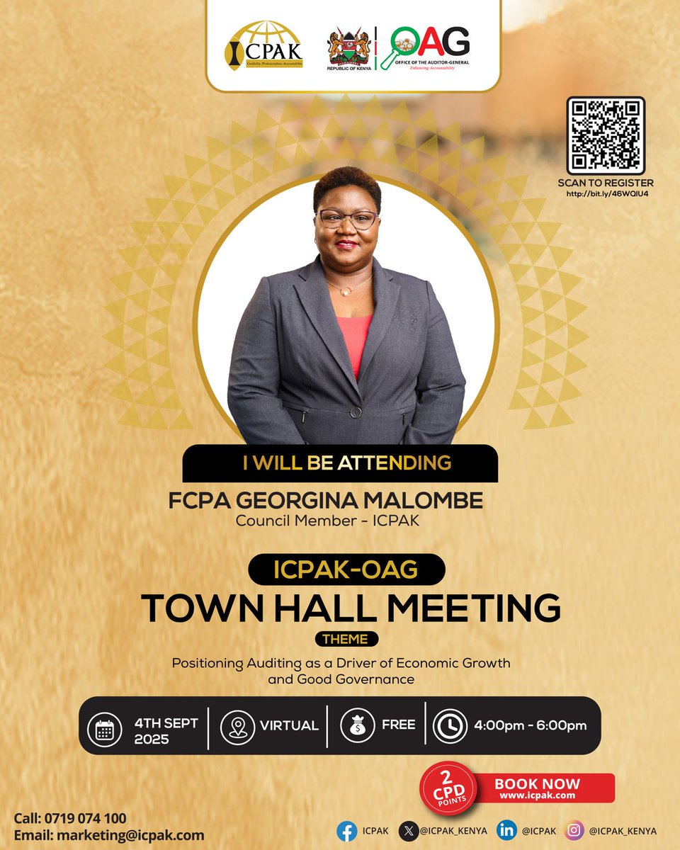 ✨ Reforms, accountability &amp; transparency.
Discover how auditing shapes Kenya’s future at the #ICPAKOAGTownhall Meeting.
📌 Don’t miss out: icpak.com/event/icpak-oa…
 ICPAKOAGTownhallMeeting <a href="/MKinyalili/">Georgina Malombe</a> <a href="/OAG_Kenya/">Auditor-General Kenya</a> <a href="/HillaryOnami/">Hillary Onami</a> <a href="/MercyMaroma/">Mercy Maroma</a> ^CA