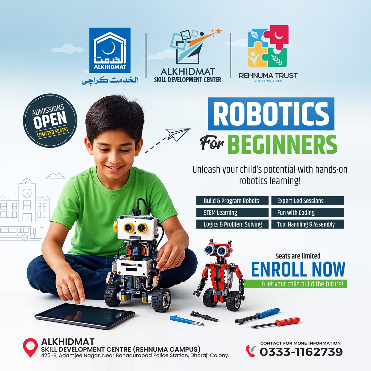 alkhidmatKHI's tweet image. Give your child a head start in the world of technology!
#Alkhidmat #SkillDevelopment #RoboticsForBeginners #STEMLearning #CodingForKids #FutureSkills #Karachi #Robotics #Innovation #AlkhidmatKarachi #LearnWithFun