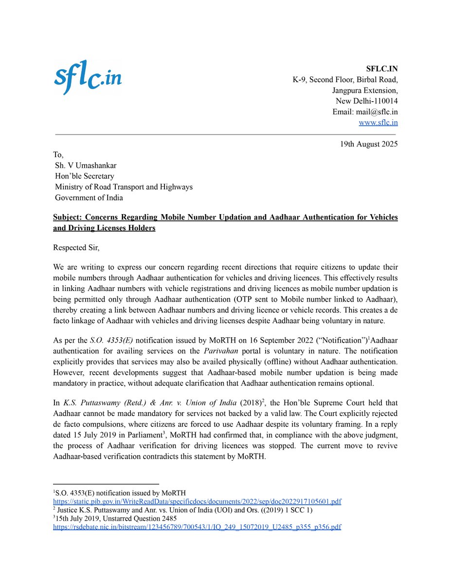 SFLC.in wrote to <a href="/MORTHIndia/">MORTHINDIA</a> regarding recent directions that require citizens to update their mobile numbers through #Aadhaar authentication for vehicles and driving licences. This effectively results in linking Aadhaar numbers with vehicle registrations and