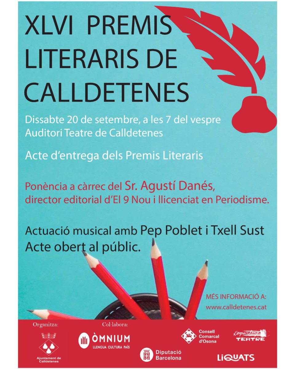 📚🎉 Dissabte 20/09 a les 19 h, acte d’entrega dels XLVI Premis Literaris de Calldetenes a l’Auditori Teatre!
🎤 Ponència d’Agustí Danés
🎶 Música amb Pep Poblet i Txell Sust
👉 Entrada lliure!