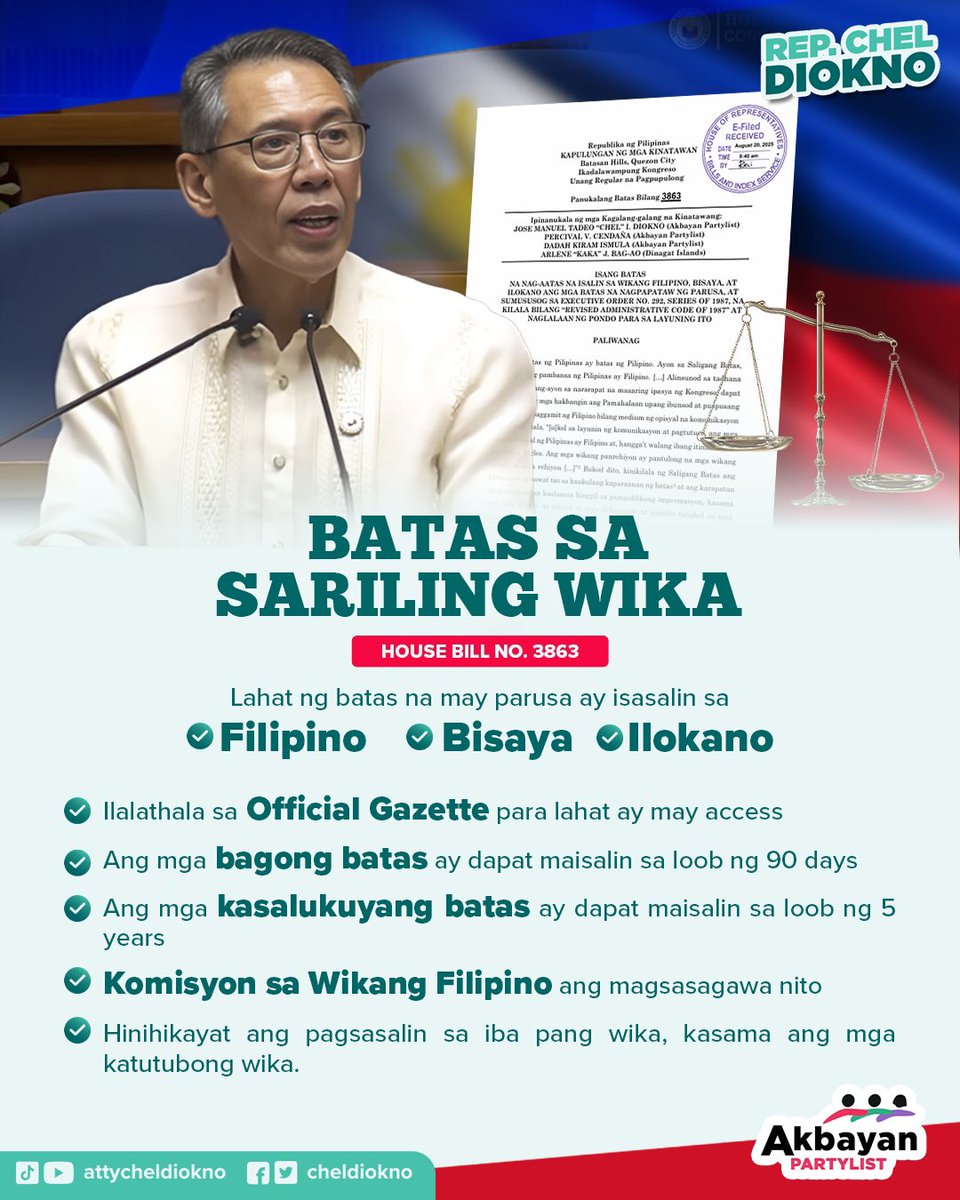 Chel Diokno | #51AkbayanPartylist (@cheldiokno) on Twitter photo ๐ฃ๐ฎ๐ฎ๐ป๐ผ ๐ป๐ฎ๐๐ถ๐ป ๐ฎ๐ฎ๐๐ฎ๐ต๐ฎ๐ป ๐ป๐ฎ ๐๐๐๐๐ป๐ผ๐ฑ ๐ฎ๐ป๐ด ๐๐ฎ๐ผ ๐๐ฎ ๐ฏ๐ฎ๐๐ฎ๐ ๐ธ๐๐ป๐ด ๐ต๐ถ๐ป๐ฑ๐ถ ๐ป๐ถ๐น๐ฎ ๐ถ๐๐ผ ๐ป๐ฎ๐ถ๐ถ๐ป๐๐ถ๐ป๐ฑ๐ถ๐ต๐ฎ๐ป?
Kaya inihain natin ang Batas sa Sariling Wika Bill. Layunin nitong isalin ang mga batas na may parusa sa ating official language ๐ฃ๐ฎ๐ฎ๐ป๐ผ ๐ป๐ฎ๐๐ถ๐ป ๐ฎ๐ฎ๐๐ฎ๐ต๐ฎ๐ป ๐ป๐ฎ ๐๐๐๐๐ป๐ผ๐ฑ ๐ฎ๐ป๐ด ๐๐ฎ๐ผ ๐๐ฎ ๐ฏ๐ฎ๐๐ฎ๐ ๐ธ๐๐ป๐ด ๐ต๐ถ๐ป๐ฑ๐ถ ๐ป๐ถ๐น๐ฎ ๐ถ๐๐ผ ๐ป๐ฎ๐ถ๐ถ๐ป๐๐ถ๐ป๐ฑ๐ถ๐ต๐ฎ๐ป?
Kaya inihain natin ang Batas sa Sariling Wika Bill. Layunin nitong isalin ang mga batas na may parusa sa ating official language