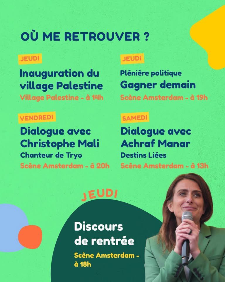 Je vous attends aux Journées d’Été des Écologistes !

On parlera lutte contre l’extrême droite, résistance culturelle et des victoires de demain avec de super invité•es ! 

Au plaisir de vous croiser pendant ces 3 jours 💚