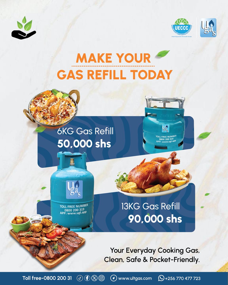 Ugas_ug's tweet photo. Cook more, spend less! UGAS offers affordable gas refills that keep your kitchen running smoothly. 🔥
#UGAS #UCEL #AffordableEnergy #safecooking #GasRefill #cleancooking https://t.co/5nZn3FvbIz