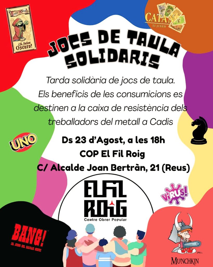 🤝 Viviu un dissabte solidari en El Fil Roig:
🌞 Al matí fem un #vermut #solidari, per la tarda #jocs de taula solidaris 🌛

#Dissabte, 2️⃣3️⃣ d' #octubre.
📍C/ Alcalde Joan Bertran, 21 - #Reus